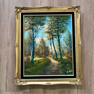 Vintage Forest Path Scene Framed‎ Oil Painting Gallery Stamped Signed By A. Roos